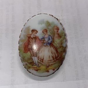 Vintage Fragonard Victorian Style Porcelain Cabochon Oval Framed Brooch